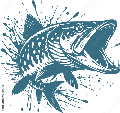 Dynamic illustration of a ferocious fish with an open mouth in splashing ink style showcasing sharp teeth and aggressive features