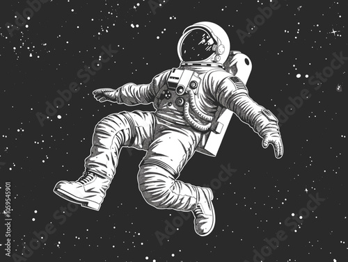 Man in a spacesuit is floating in space. The image is black and white and has a moody, mysterious feel to it