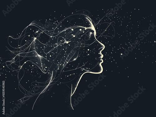 Woman's face is shown with a lot of white lines and dots. The image has a dreamy, ethereal quality to it, as if the woman is floating in a cloud of snow