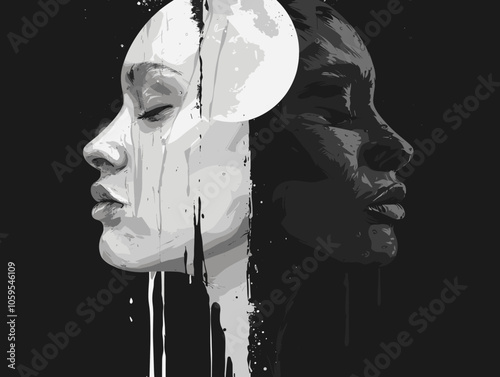 Woman's face is shown in two different colors, one being black and the other white. Concept of duality and contrast, as well as the idea of two different perspectives or experiences