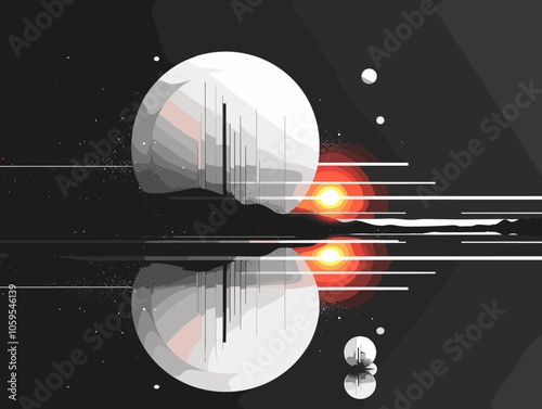 Space scene with a white planet and a red sun. The planet is surrounded by a lot of space debris, and the sun is reflected in the water. Scene is one of chaos and destruction