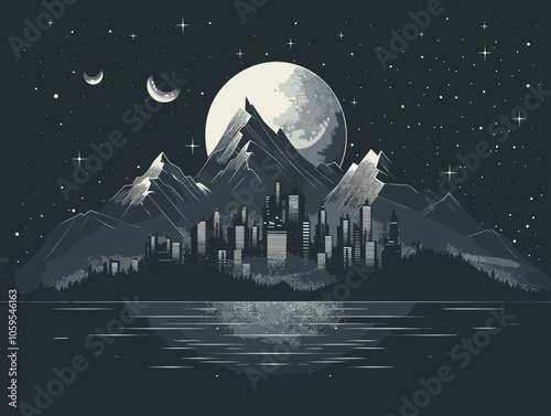 City is reflected in the water of a lake. The sky is dark and the stars are shining brightly
