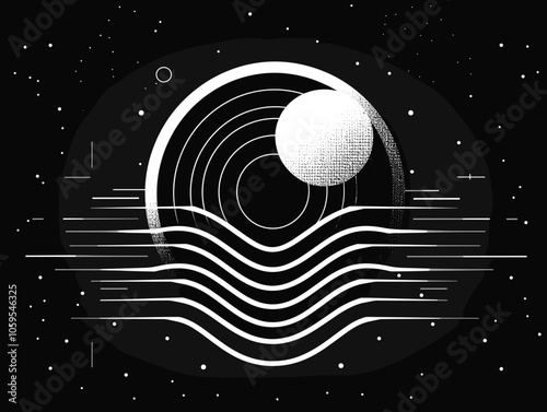 Black and white image of a planet with a white moon in the center. The planet is surrounded by a wave of water