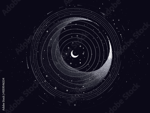 Black and white image of a crescent moon with stars surrounding it. The image has a dreamy and ethereal quality to it, evoking a sense of wonder and mystery