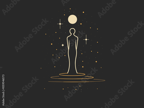 Man stands in front of a body of water with a full moon in the background. The image has a dreamy, ethereal quality to it, with the man appearing to be a silhouette against the dark background