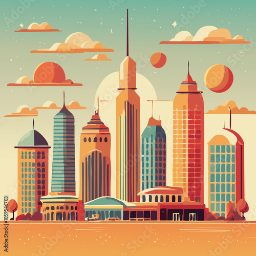 Flat illustration of a modern city on a vintage theme