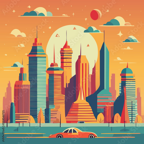 Flat illustration of a modern city on a vintage theme