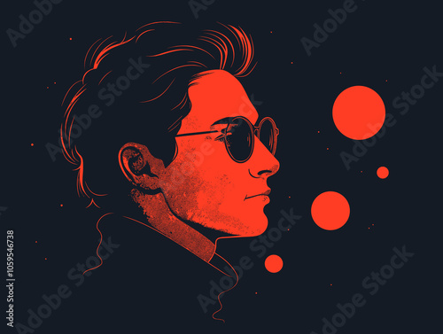 Man with a red head and sunglasses is blowing bubbles. The image has a playful and whimsical mood