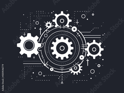 Black and white image of gears and other mechanical parts. Concept of complexity and precision, as well as the idea of interconnectedness and collaboration