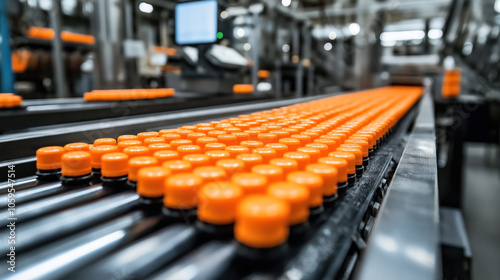 Close-up view of orange bottle caps on a conveyor belt in a modern automated factory production line.