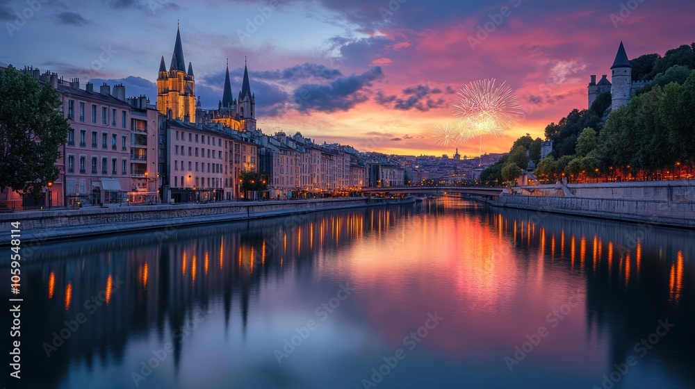 Fototapeta premium A serene riverside view at sunset with fireworks illuminating the sky.