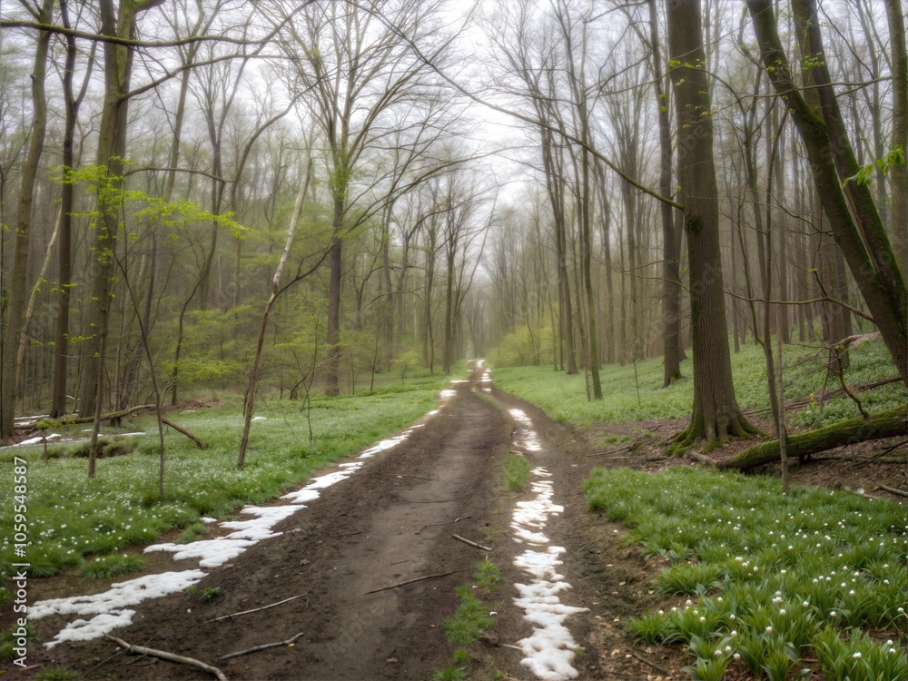 Fototapeta premium Early spring forest trail with melting snow patches