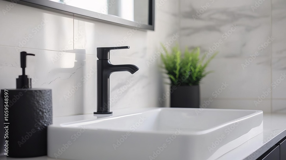 Fototapeta premium Matte black fixtures, minimalist vanity, spa atmosphere