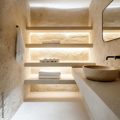 Minimal spa bathroom, open shelves, stone textures, indirect lighting, natural calm