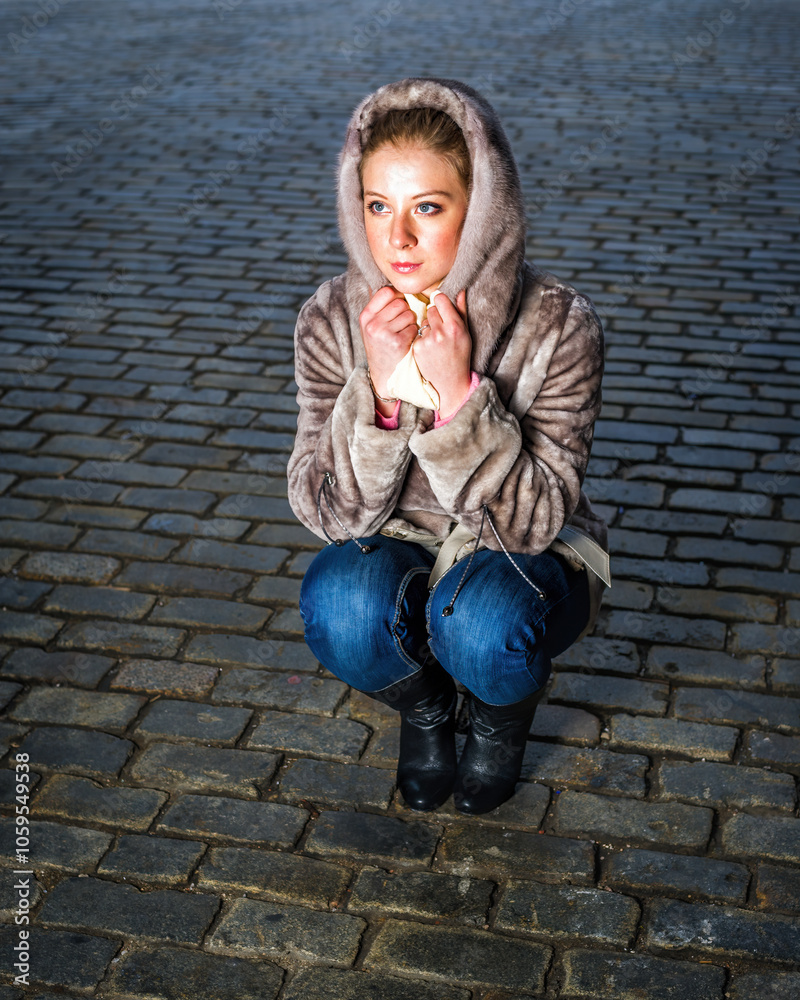 A woman with a focused expression crouches on a cobblestone street, wearing a cozy, fur-lined coat and jeans. Her hands are brought close to her face, suggesting she is trying to stay warm..