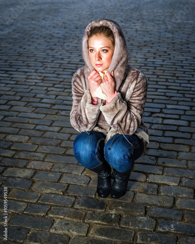 Obraz na płótnie A woman with a focused expression crouches on a cobblestone street, wearing a cozy, fur-lined coat and jeans. Her hands are brought close to her face, suggesting she is trying to stay warm.. w salonie