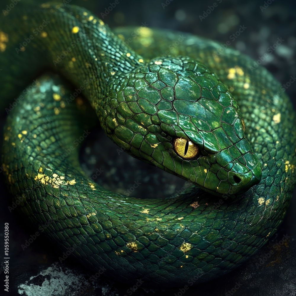 Fototapeta premium A green snake with gold eyes and a gold pattern on its body. The snake is curled up and he is resting
