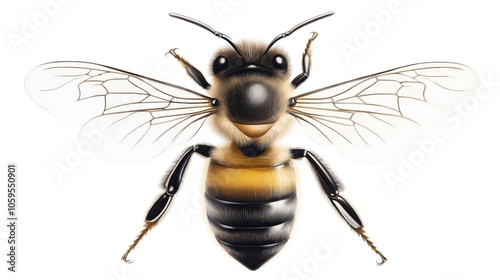 Detailed illustration of a honey bee from a frontal perspective, showing wings, antennae, and body segments in realistic detail. photo