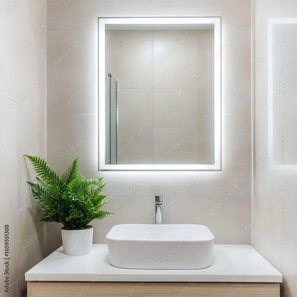 Fototapeta premium Soft-lit mirror with green plant, minimalist zen bathroom