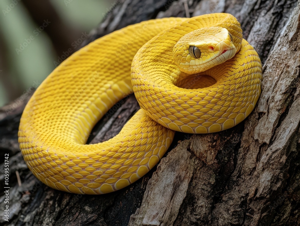Fototapeta premium A yellow snake is curled up on a tree trunk. The snake is small and he is resting