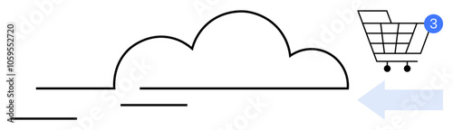 Cloud icon with shopping cart and notification bubble indicating three items. Ideal for e-commerce, online shopping, cloud services, digital marketing, consumer behavior analysis, web development