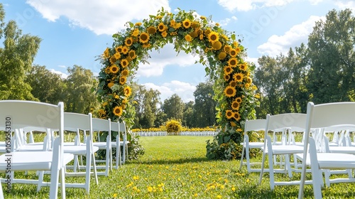 Sunflower Arch in Open Field A bright arch adorned with sunflowers, greenery, and yellow wildflowers, with white folding chairs set on a grassy field under an open blue sky.