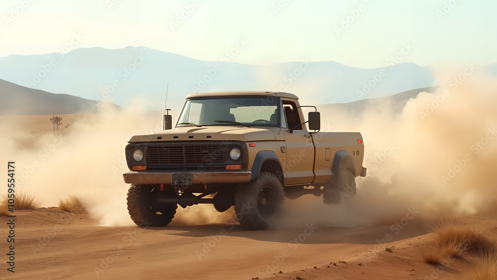 Fototapeta premium Serene Truck Resting on Rustic Dirt Ground with Majestic Mountains in the Background