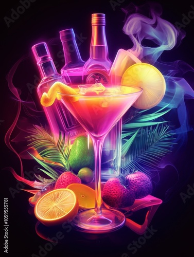 Neon Tropical Cocktail with Fruit Garnish	