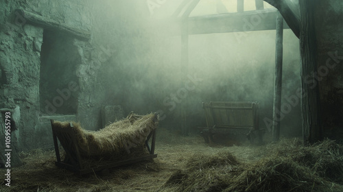 An empty manger filled with straw in a dark, misty stable, symbolizing anticipation and the Nativity scene before the arrival of baby Jesus.
