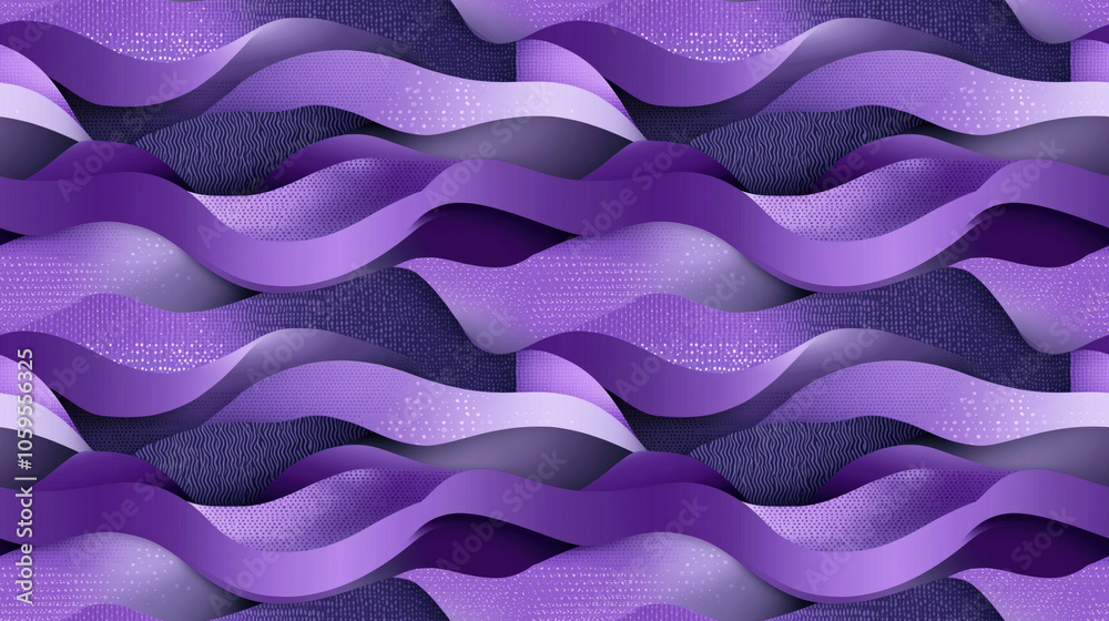 Fototapeta premium Seamless pattern featuring violet geometric designs and lilac patchwork with gray curve wave lines perfect for trendy textile applications