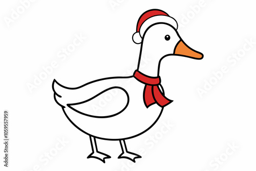  Vector Outline of A cute Goose wearing a Santa clause hat and scarf on white background.