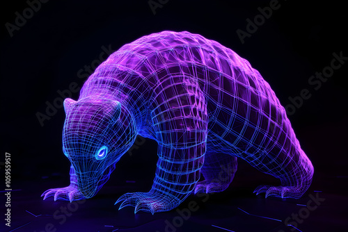 A vibrant purple and blue neon wireframe pangolin moving rhythmically in the moonlight, isolated against a deep black background. photo