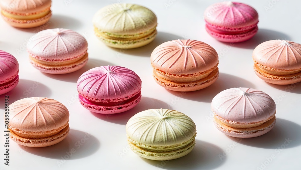Obraz premium Colorful macarons arranged aesthetically on a white surface, showcasing delicate textures and vibrant hues in a bright setting