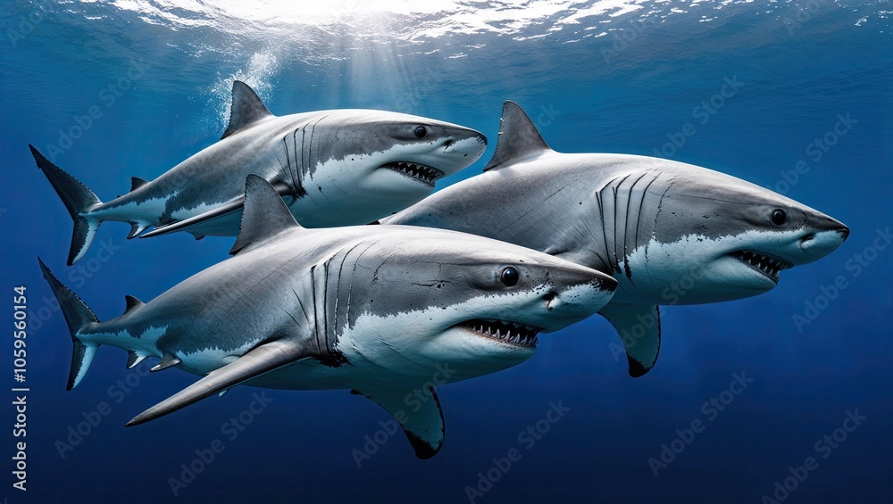 Fototapeta premium Three great white sharks swimming in clear ocean waters during daylight near a vibrant coral reef