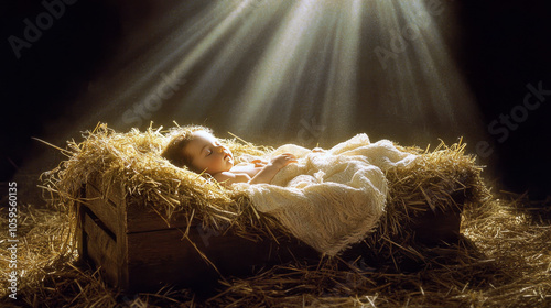 The scene of the Baby Jesus in his manger, with rays of light shining down on it. The baby is sleeping peacefully inside the hay and that have been placed around him to keep warm.