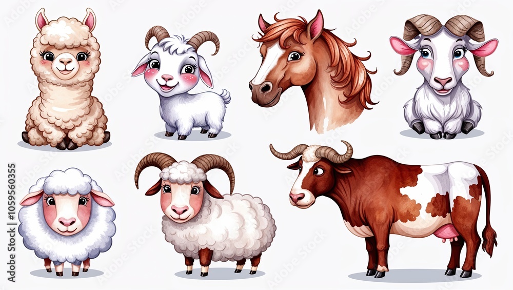 Fototapeta premium Cute farm animals illustrated together, featuring a llama, goat, sheep, horse, cow, and ram in a cheerful arrangement