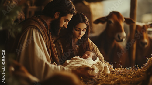 A serene nativity scene depicting Mary, Joseph, and the newborn Jesus in a stable, with warm lighting and farm animals in the background.
