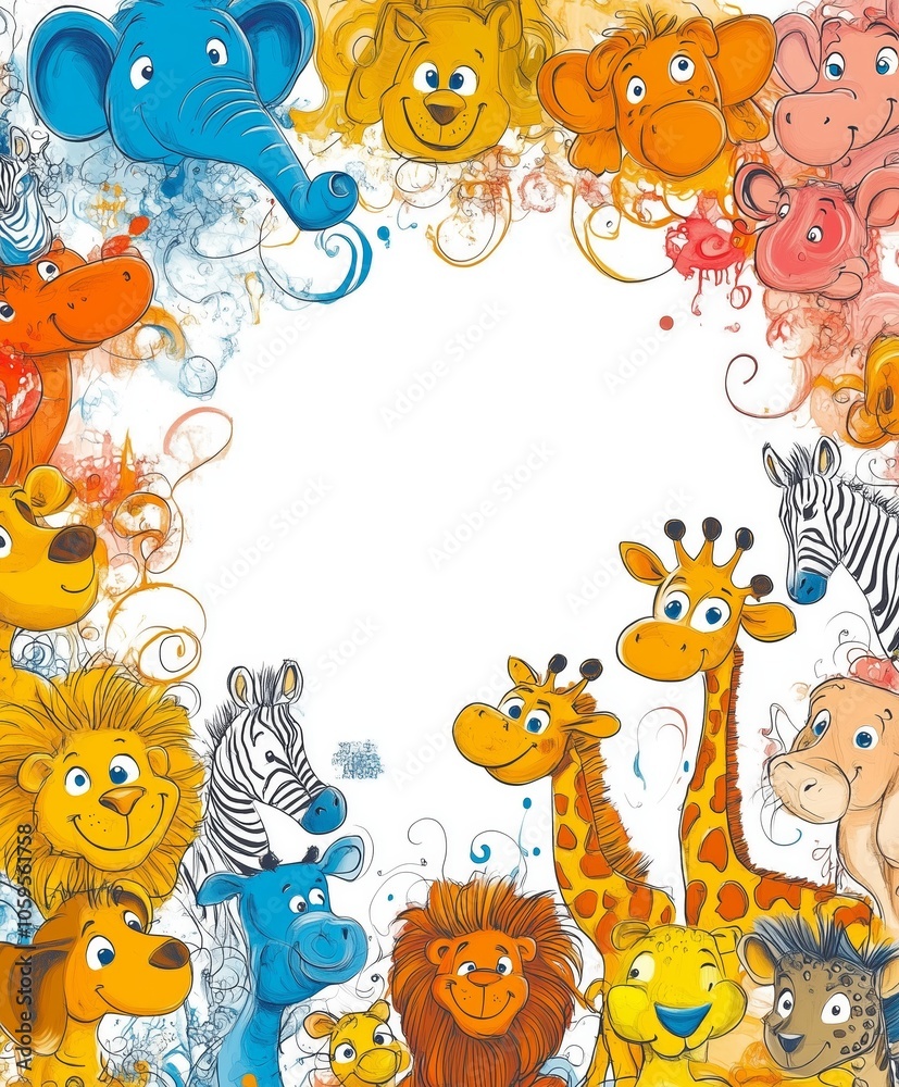 Fototapeta premium Colorful cartoon animal faces in a whimsical design for children's projects.