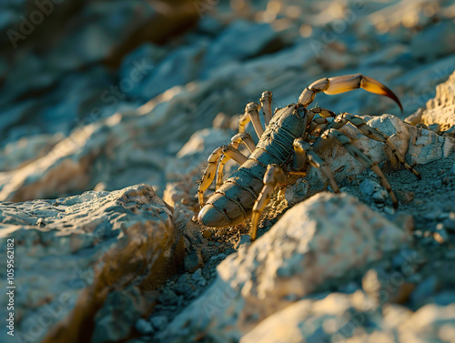 An Arizona Bark Scorpion poised on a rocky desert surface, its body arched and ready, with distinct segments and claws visible, lit dramatically to highlight texture, cinematic style, Compositing Core