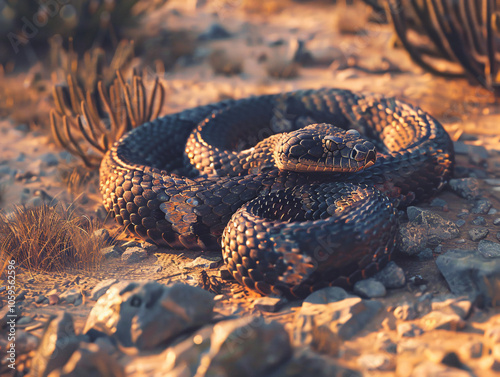 An Arizona Black Rattlesnake coiled on a desert floor, patterned scales blending with the rocky terrain, ready to strike, with low evening light casting a shadow, cinematic style, Compositing Core, 8k photo