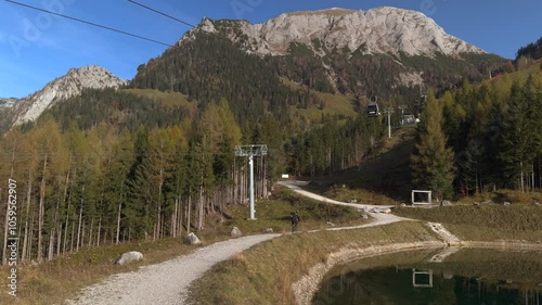 Speichersee am Jenner beim Konigssee in Deutschland, Bayern. Jennerbahn in Berchtesgaden. Moderne Bergbahn am Jenner in Schoenau am Koenigssee. Mittelstation. Alpine ski lift and lake in Germany.  photo