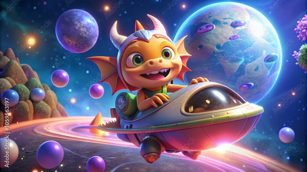 Naklejka premium Adventurous cartoon dragon flying spaceship through vibrant cosmic scene