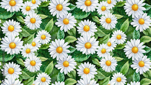 Seamless pattern of white daisy flowers with wild spring leaves in vibrant watercolor ideal for fabric and wallpaper designs