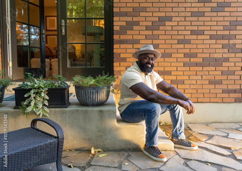 African American portrait on porch Looking at camera with hat  photo