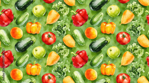 Wallpaper Mural Seamless hand drawn watercolor pattern of fresh vegetables on a vibrant green background ideal for healthy food projects Torontodigital.ca