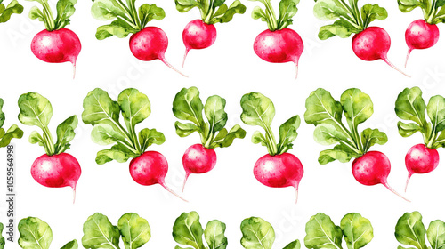 Watercolor seamless pattern of isolated radishes with vibrant green leaves on a clean white background perfect for healthy food designs