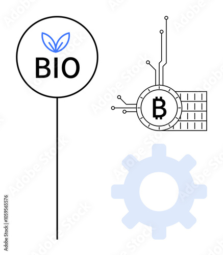 A circle with a leaf and the word BIO, a Bitcoin symbol with circuitry, and a gear cog are displayed. Ideal for themes of ecological sustainability, cryptocurrency, technology integration