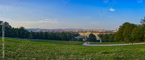Photography Pano view of the Schonbrunn Palace and the city of Vienna, Austria