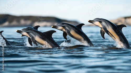 Group of dolphins jumping out of the water in a synchronized motion against a blurred ocean background. photo