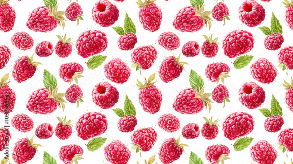 Seamless design of vibrant raspberries on a crisp white background perfect for textiles wallpapers and packaging Seamless design of vibrant raspberries on a crisp white background perfect for textiles wallpapers and packaging